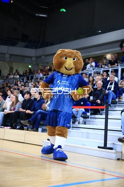 Maskottchen Accy (99; MLP Academics Heidelberg) am Spielfeldrand