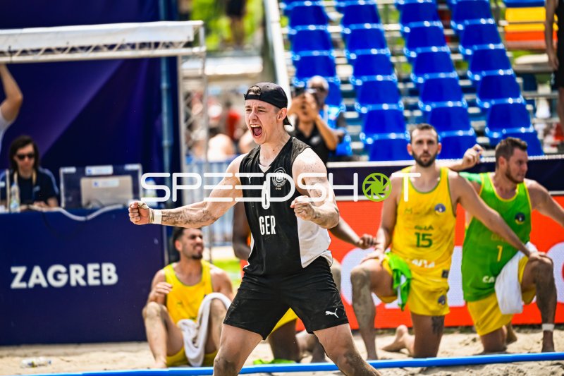 Lars Zelser (#6; Deutschland Beachhandball) jubelt beim Turnier in Zagreb