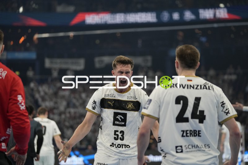 Nikola Bilyk (#53; THW Kiel) jubelt emotional beim Spiel gegen Montpellier HB