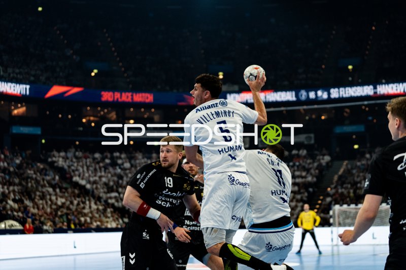 Kyllian Villeminot (#5; Montpellier HB) beim Wurf gegen SG Flensburg-Handewitt