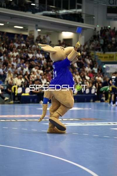 VfL Gummersbach Maskottchen mit blauer Fahne in der SCHWALBE arena