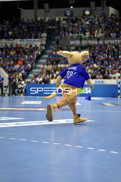 Maskottchen Gummi läuft über das Spielfeld in der SCHWALBE arena