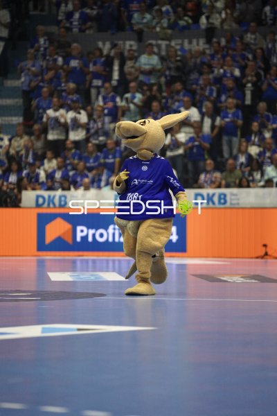 VfL Gummersbach Maskottchen auf dem Spielfeld der SCHWALBE arena