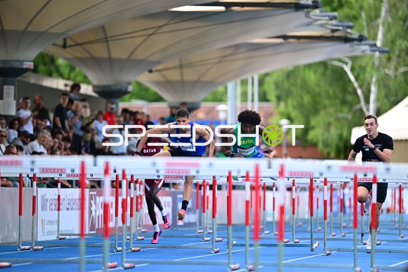 Adolfo Alvarez (#290) und Odair Goncalves (#144) im 110m-Hürdenlauf in Mannheim