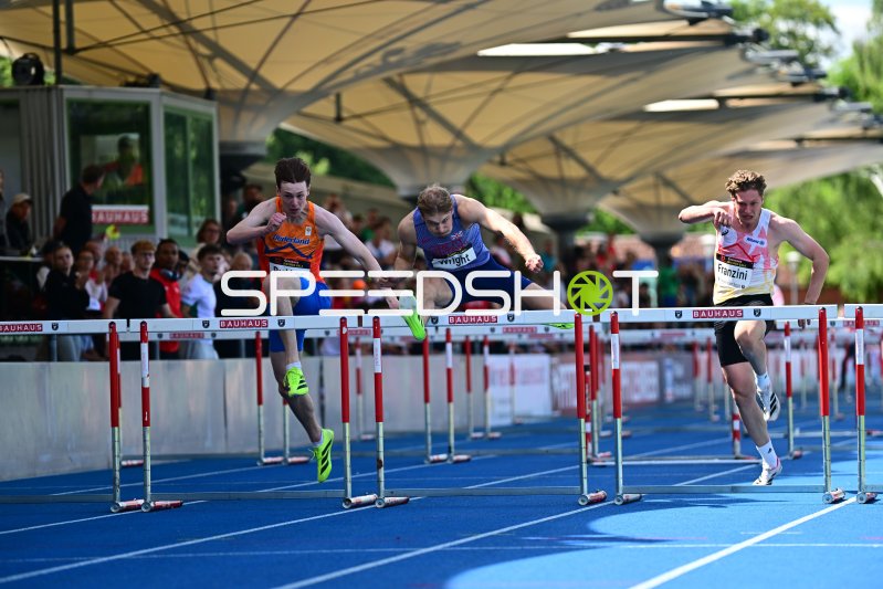 Putter, Wright und Franzini (#258, #219, #106) bei den 110m Hürden in Mannheim