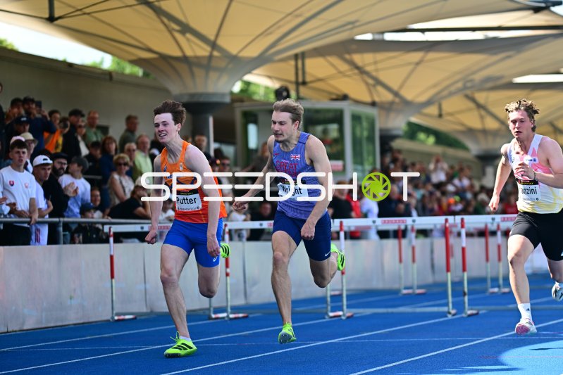 Toby Wright, Jim Putter und Rafael Franzini im 110m-Hürdenlauf