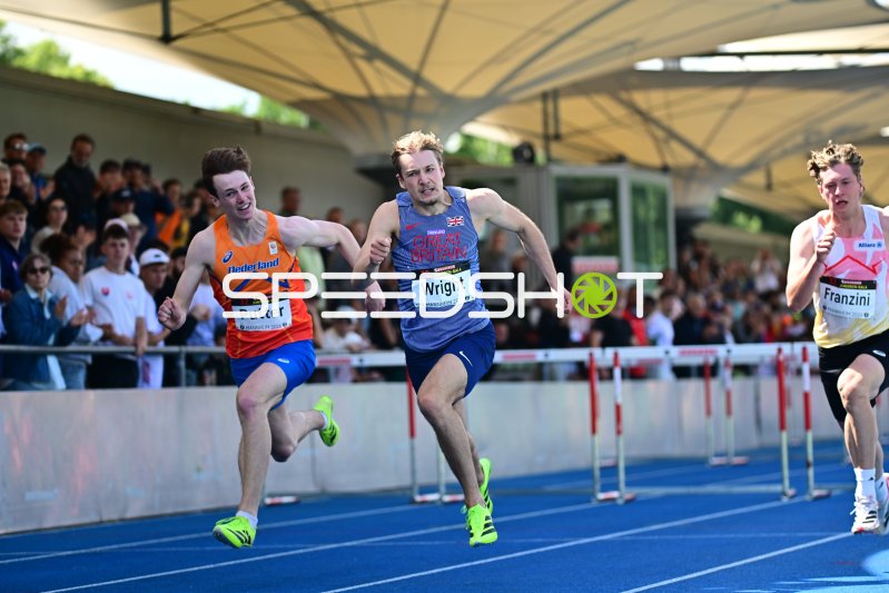 Toby Wright vor Jim Putter und Rafael Franzini beim 110m-Hürdenlauf