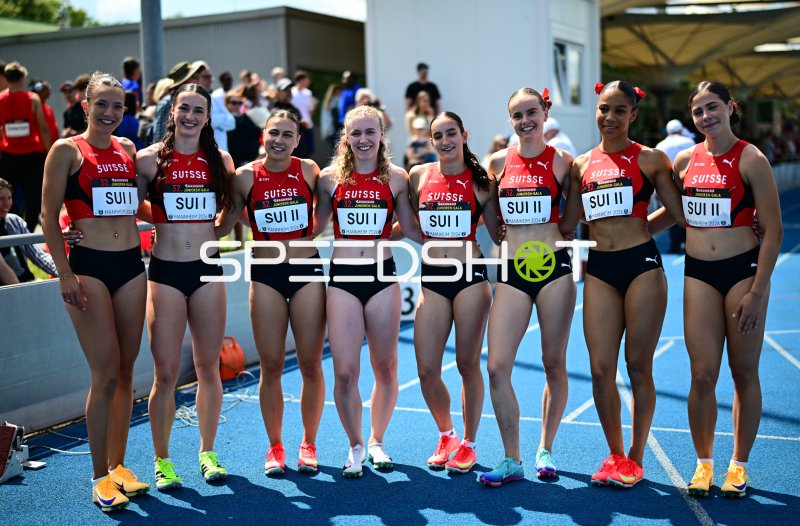 Schweizer Staffelteams SUI I und SUI II mit Xenia Buri, Timea Rankl und Joy Umegbolu beim Mannheimer Junioren-Gala