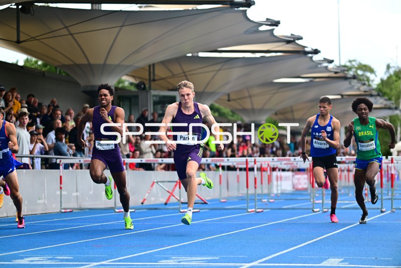 Jayden Parkin vor Anthony Johnsen und Adolfo Alvarez im 110m-Hürdenlauf