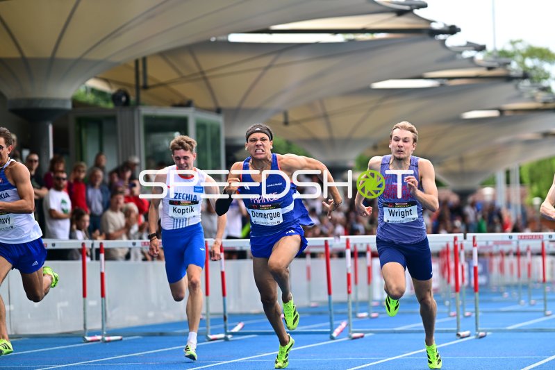 Lucas Domergue, Lukáš Koptík und Toby Wright im 110m-Hürdensprint in Mannheim
