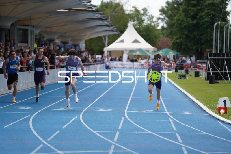 Arminio, Heggarty und Kemminer im Zieleinlauf beim 200m-Sprint in Mannheim