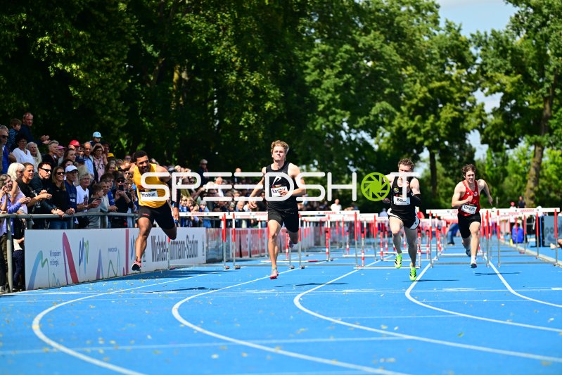 Hürdenläufer Gregory Minoue, Koster und Betz im 110m-Hürden-Finale