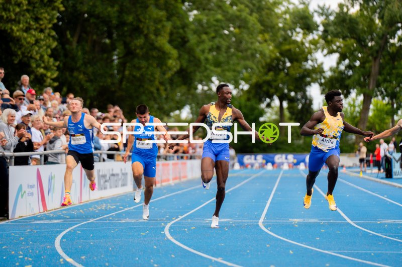 Almas Deniz, Elvis Afrifa und Benedikt Thomas Wallstein im 100m-Sprint in Mannheim