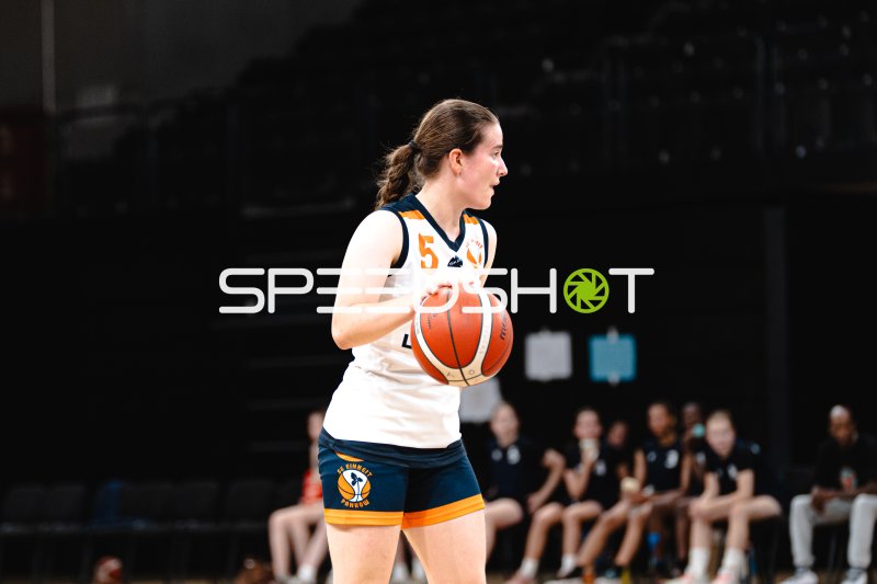 Spielerin (#5; SG Einheit Pankow) mit Ball in der Inselpark Arena