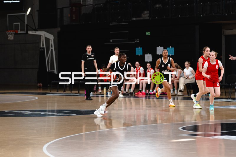 Hamburg Towers (#8) dribbelt im Angriff gegen Junior Suns Rendsburg