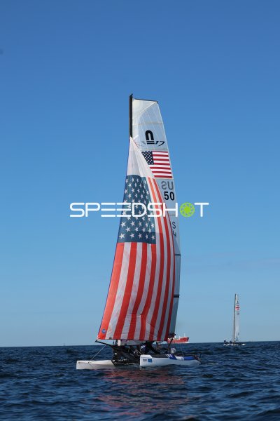 US-Segelboot mit amerikanischer Flagge auf dem Spinnaker bei Kiel